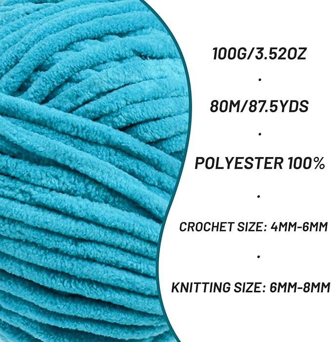 Fluffy Chenille Yarn for Crocheting, Chunky Velvet Yarns for Crochet Amigurumi, Baby Yarn for Crocheting Soft Blanket, 87.4yds /3.5 oz Bulky Yarns for Crafts/Hats/Shoes/Socks (Lake Blue)