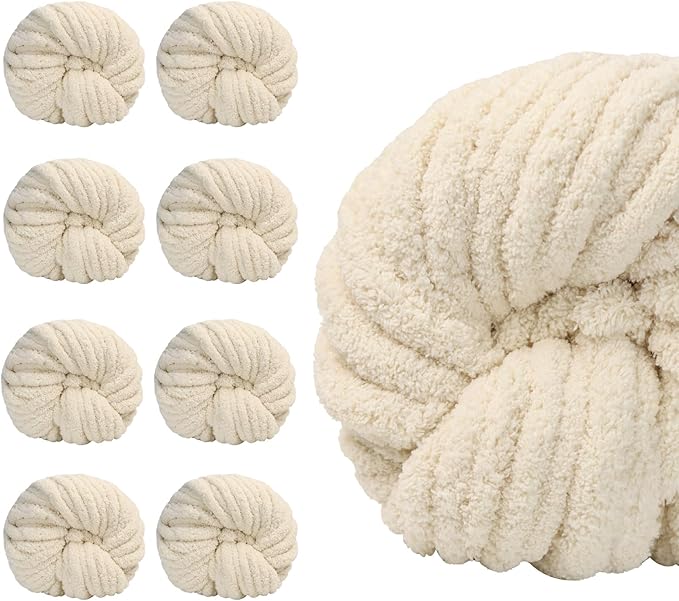 SUNTQ 8 Pack Jumbo Chunky Chenille Yarn for Crocheting, Bulky Thick Fluffy for Hand Knitting Blanket, Soft Plush Knitting Yarn for Cushions,Home Decor, Light Khaki(32 yds,8.8 oz Each Skein)