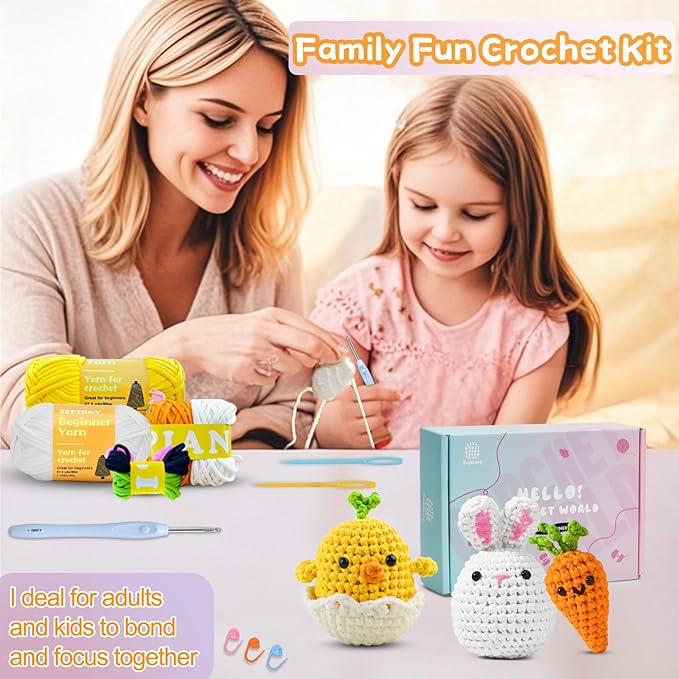 Zepiany Crochet Kit for Beginners, Bunny Egg-Chick Amigurumi Knitting Kit with Crochet Yarn, Easy Crocheting Kit for Beginner Starter Adults with Step-by-Step Video for Easter Women's Day Gift