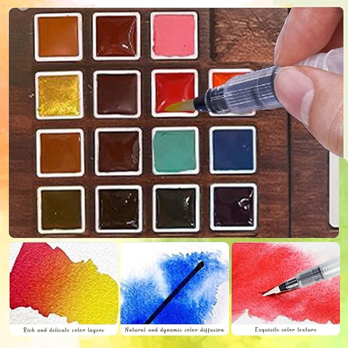 Mini Paint Palette Travel Kit - Mini Travel Watercolor Palette Set, Pocket Artist Water Color Travel Set with Colours, Binder Clips, Watercolor Pens, Wooden Paint Box for Painters Artists Students