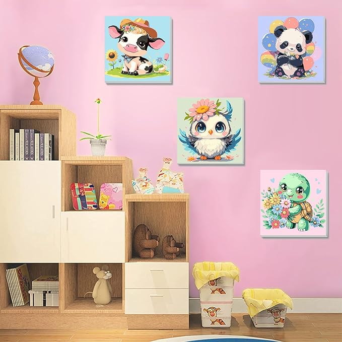 4 Pack Animal Paint by Number for Kids with Wooden Frame, Paint by Numbers for Kids Animals Ages 4-8-12, Easy Panda Sea Turtle Owl Cow DIY Acrylic Oil Painting Kits for Home Wall Decor (8X8 inch)