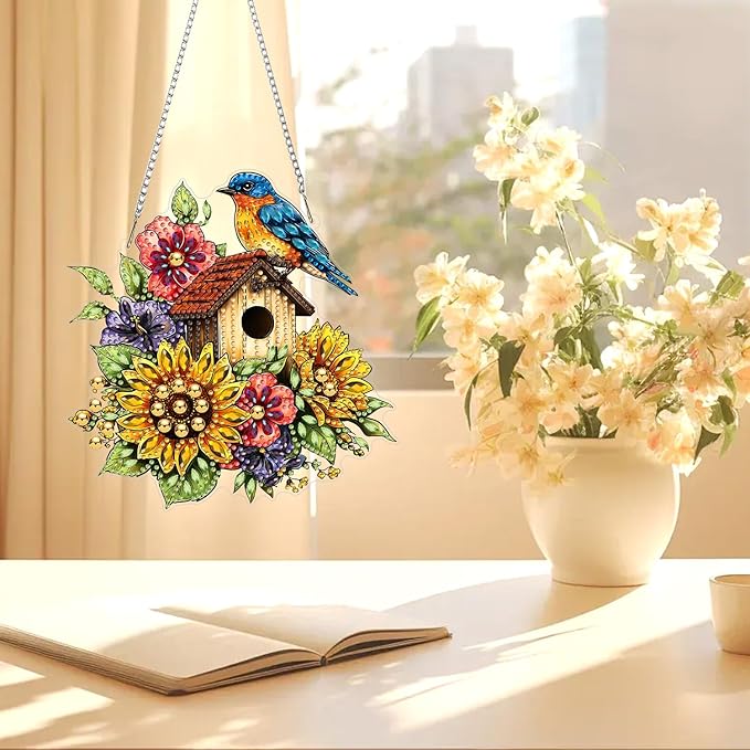 AIRDEA Birds Hanging Diamond Painting Kits,Special Shaped Diamond Art Kits for Beginner Sunflowers and Birds,Gem Art Pendant Decor 7.87x7.59in
