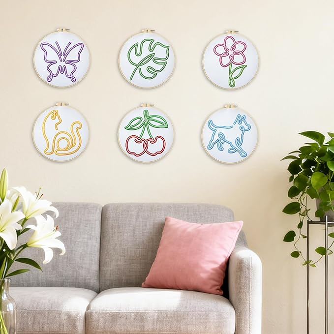 BEUNITONE Abstract Animal Embroidery Kit, 6PC Modern Line Art Needlepoint Kits with Hoops, Instructions, Threads, DIY Craft for Adults Beginners, Home Decor, Hand Embroidery Patterns for Gifts