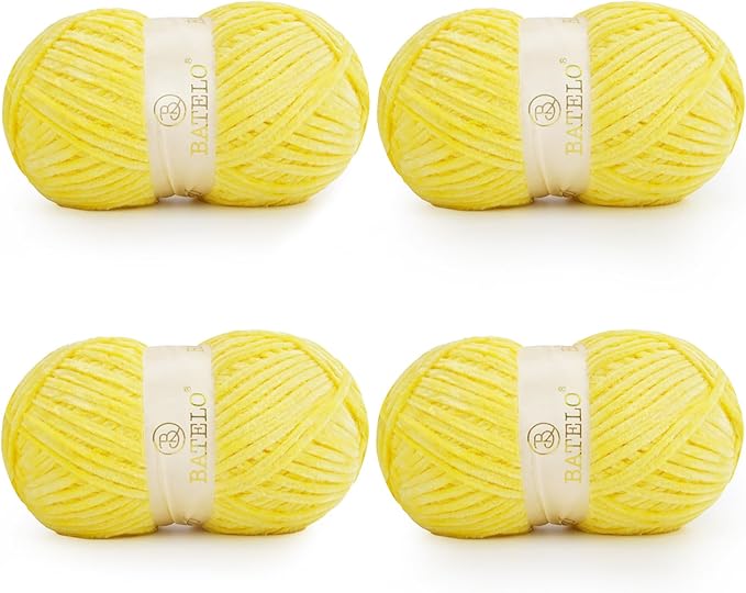 Velvet Chenille Yarn for Crocheting & Knitting 1440 Yards, Soft Thick Fluffy Bulky Blanket Yarn, 4 Pack of 10.5oz (Vibrant Yellow)
