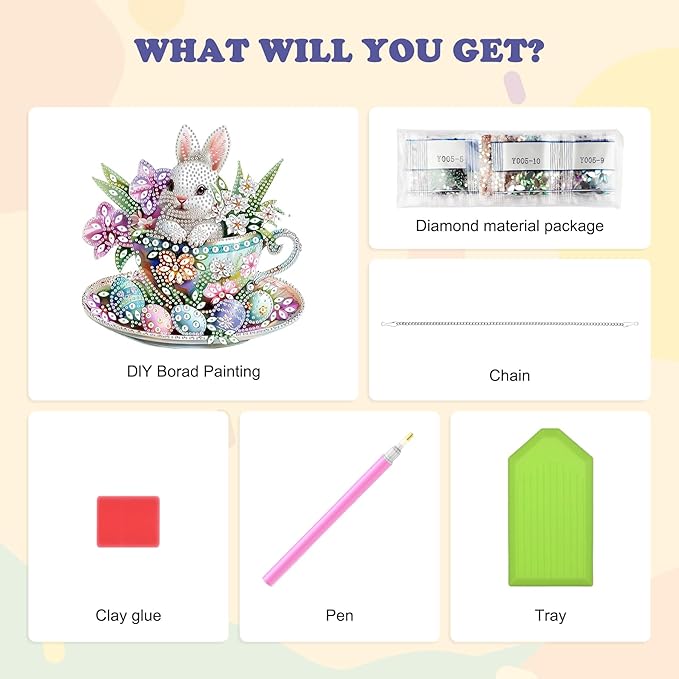 HEIBAGO Easter Bunny Diamond Art Hanging Kits for Adults, Diamond Art Suncatchers Rabbit, 5D Special Shape Diamond Painting Pendant, DIY Window Ornament Gifts for Home Garden Door Wall Decor 8.3x8.3In