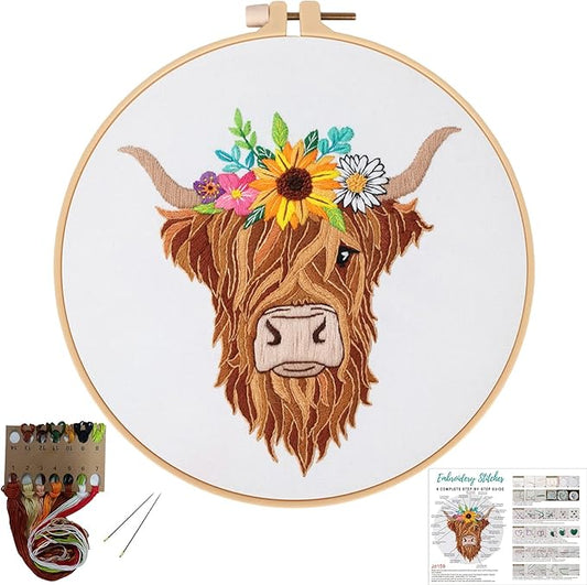 Louise Maelys Animal Embroidery Kits for Beginners with Highland Cow Pattern,Adults Starter Cross Stitch Kit DIY Needlepoint