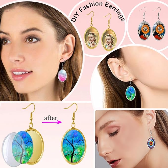 Pendant Trays Set for DIY Jewelry Making Supplies, Oval Glass Cabochon Pendant Bezel Trays, Bracelet Blank Trays Earrings Blanks Charms Crafts for Gift