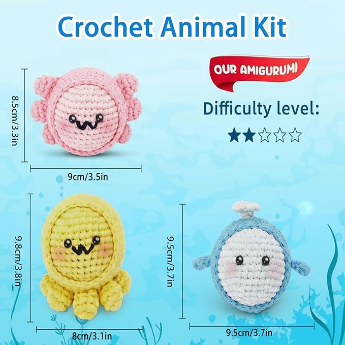 WaldyWop Crochet Kit for Beginners: 3PCS Crochet Animal Kit w/Stress Balls, Step-by-Step Video Tutorials - Wobbles DIY Craft Knitting Kit for Adults - Gifts for Teen Women (Dolphin, Octopus, Axolotl)