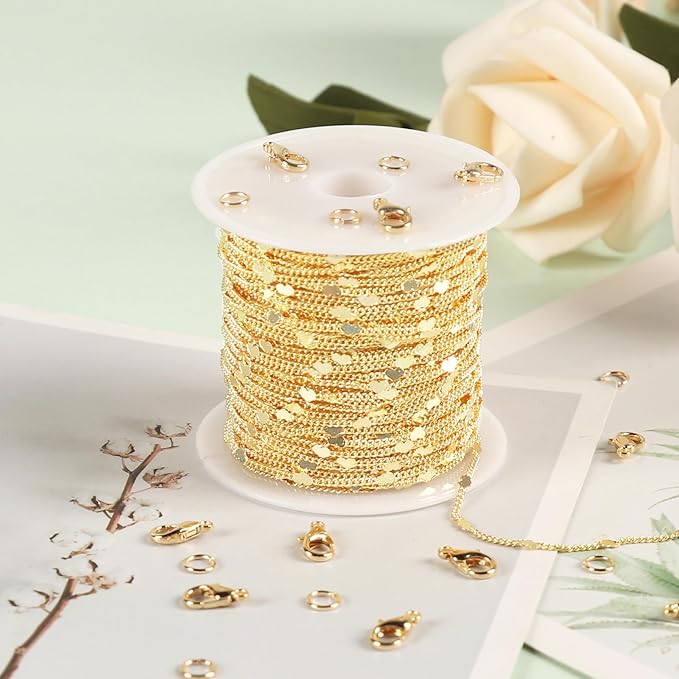 KYUNHOO 32.8 Feet/10M 18K Gold Plated Brass Jewelry Chain Roll Flat Heart Chains Bulk for Women DIY Craft Finding Jewelry Making Supplies
