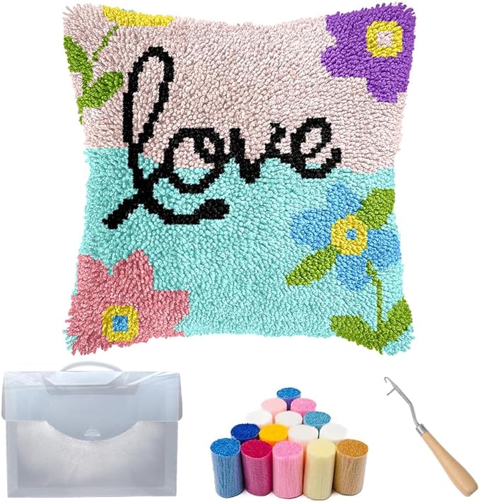 Cozykeke Love Latch Hook Kit,DIY Pillow Cover Cushion Craft Kits with Pre-Printed Canvas for Adults and Beginners, Suitable for Home Decor and Festival Gift 17 * 17in (BX1057)