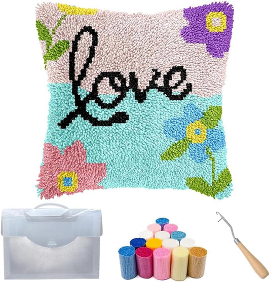 Cozykeke Love Latch Hook Kit,DIY Pillow Cover Cushion Craft Kits with Pre-Printed Canvas for Adults and Beginners, Suitable for Home Decor and Festival Gift 17 * 17in (BX1057)