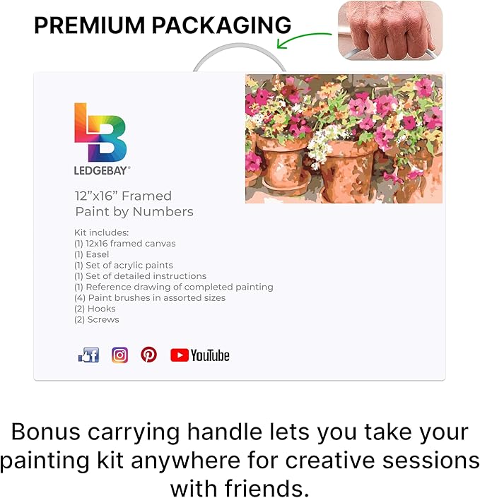 Ledgebay DIY Paint by Numbers Kit for Adults Framed Canvas Beginner to Advanced Paint by Numbers Kit, Kits Include Acrylic Paint Set, Brushes & Tabletop Easel (Sweet Petunias 12" x 16" Framed)