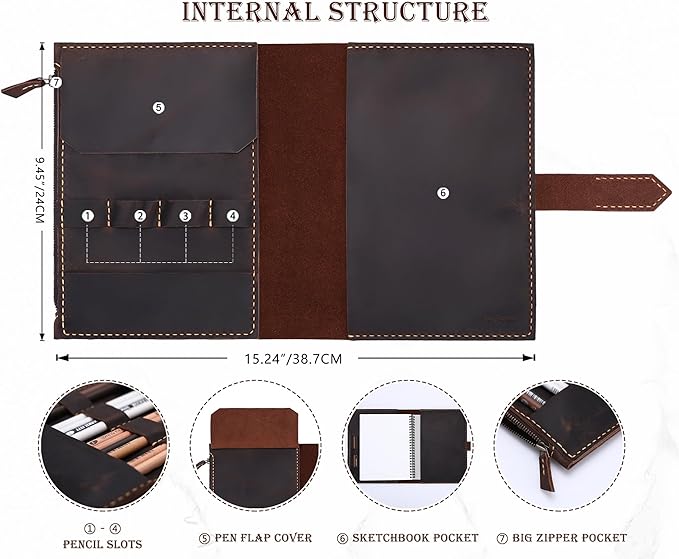 Leather Sketchbook Cover for A5/5.5"x8.5" sketch pads - Handmade Genuine Leather Artist Case with Pencil Holder & Zipper Pocket, Professional Drawing Supplies (D.Brown, 5.5"x8.5")
