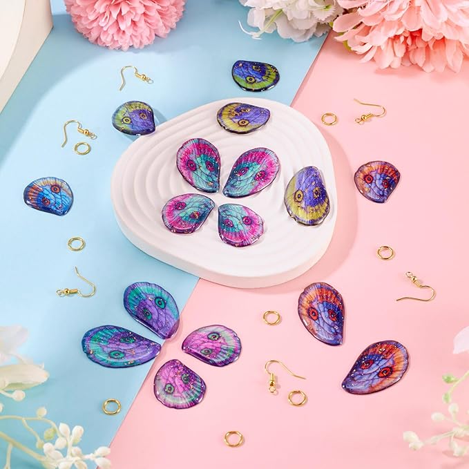 FASHEWELRY 16Pcs Resin Butterfly Wings Earring Charms Turquoise Pink Purple Fairy Wing Pendants Oaw Animals Print Feather Charms with Jump Rings Earrings Hooks for DIY Earring Jewelry Making