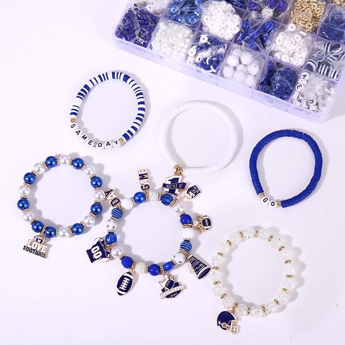 HSWE Game Day Beads Bracelet Kit Assorted Blue White Heishi Clay Pearl Letter Round Loose Beads Gold Spacer Beads with Sports Football Charms for DIY Bracelets Necklace Making
