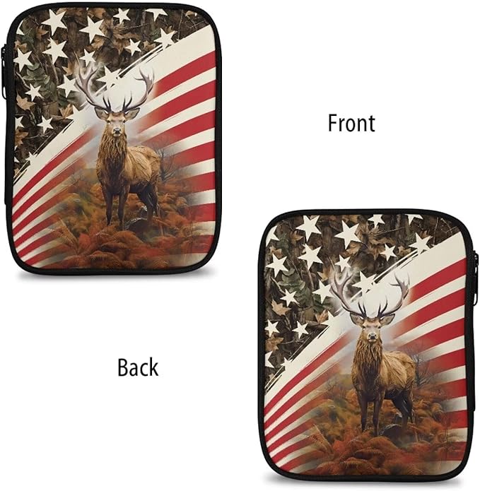 Hechitok American Flag Deer Print Crochet Hooks Case Zipper Bags Portable Crochet Storage Bag with Web Pocket and Crochet Holder Slots for Carrying Various Crochets Needles