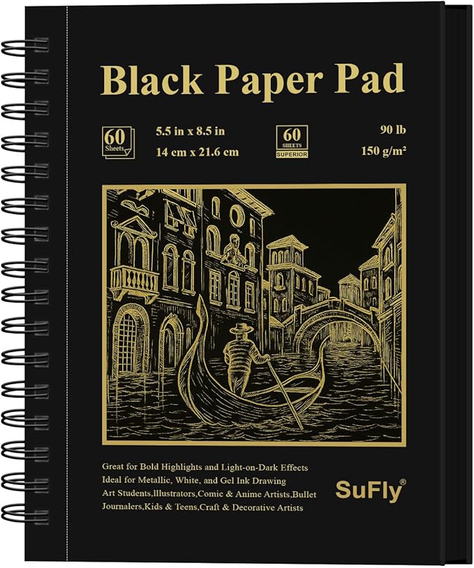 sufly black paper sketchbook 5.5 x 8.5, 60 sheets (90lb/150gsm) artist papers for drawing | black paper for colored pencils & gel pens, artist supplies, sketch books for teens and adults.