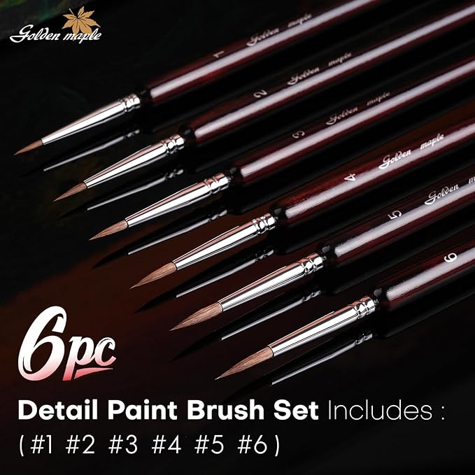Professional Sable Hair Detail Paint Brush Set - 6 Miniature Art Brushes for Fine Detailing & Art Painting - Acrylic, Watercolor, Oil - Miniatures, Models, Red