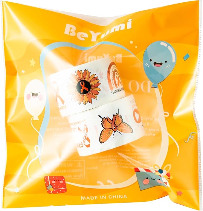 beyumi leukemia awareness orange sticker - 1000pcs in 2 rolls leukemia themed sticker with various shapes waterproof vinyl orange ribbon decals for school event campaign laptop bottle decor kids teens