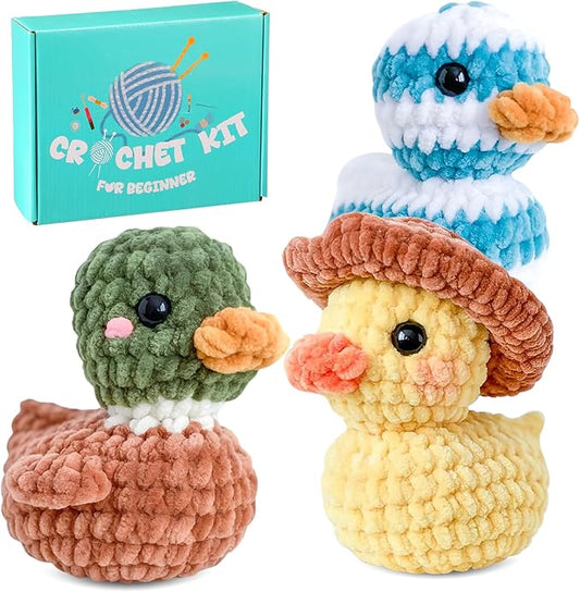 XunYee 3 Pcs Little Ducks Crochet Kit DIY Amigurumi Set Chenille Yarn Crochet Kit for Beginners with Complete Tools Step-by-Step Pattern Craft Gift for Adults