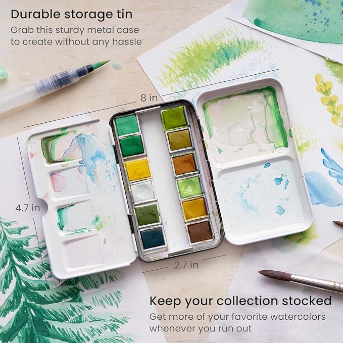ARTEZA Watercolor Paint Set, 12 Earth Tone Half Pans, Portable Travel Watercolor Set with Refillable Water Brush and Metal Tin for Landscapes, Nature Studies, and Outdoor Painting