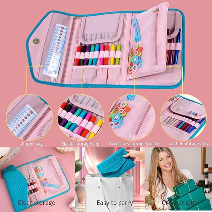 blingcute ergonomic crochet hook set with case, 82 pcs crochet starter kit (0.6–10mm), aluminum hooks with soft grip, complete crochet set for beginners & chunky yarn