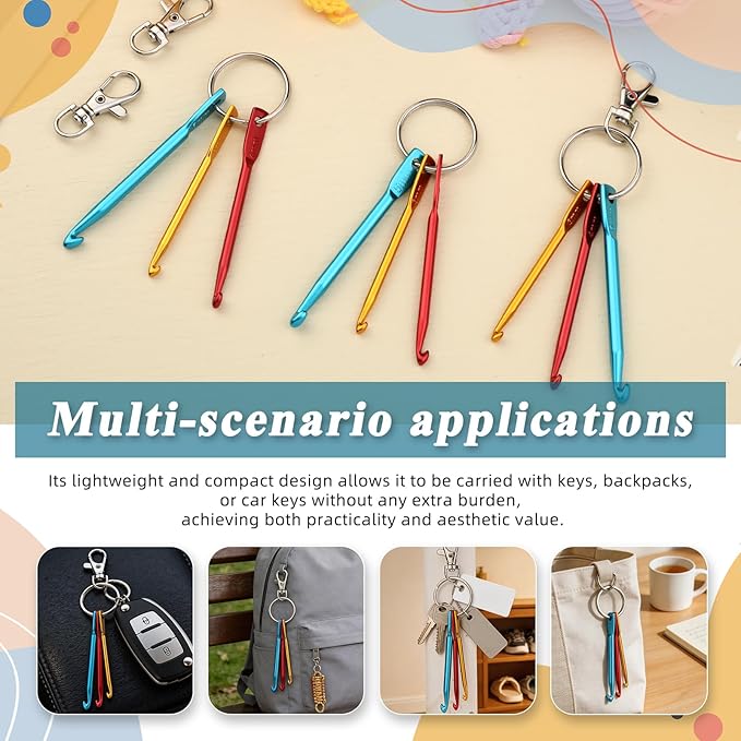 SHWAKK 3 Sets Mini Crochet Hook Keychain, 3 Size Aluminum Crochet Knitting Needles with Swivel Suitable for Yarn Knitting, Perfect for Beginners (3mm, 4mm, 5mm)