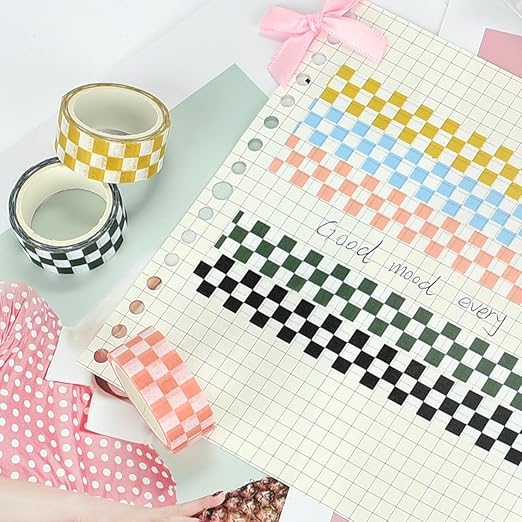 Checkered Tape Decorative Plaid Cute Washi Tape Set 0.6inch Width Colored Grid Masking Paper Tapes 5 Roll Checkerboard Flag Tape Rolls for Scrapbook Artist Craft Party Decoration Box Label