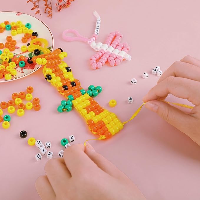 Happy makers Beads for Crafts, 12 Designs Pony Beads Keychain Making Kit with Letter Beads, Bead Pets Art Crafts,Includes Instructions, Cording, Keychains & Bags,Stickers DIY Craft Kits for Beginners