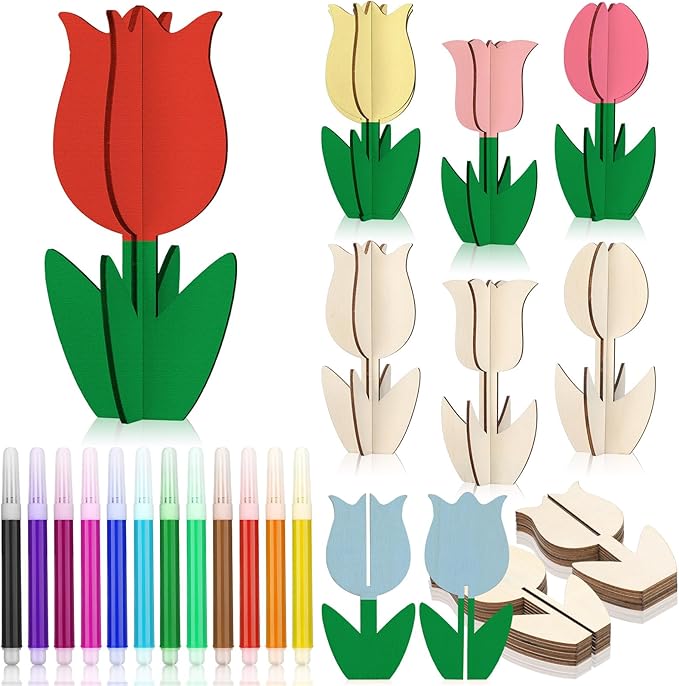 MotiMind 60 Pcs Spring Crafts Set 48 Pcs 3D Wooden Flower Cutouts Unfinished Tulip Slices Wood Daisy to Paint with 12 Colored Pens for Mother's Day Summer Floral Handmade Craft DIY Project