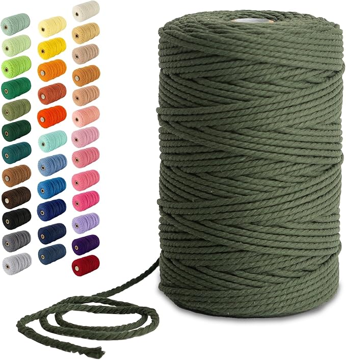 Nook Theory Macrame Cord - 3mm 220 Yards Cotton Rope, 4mm 5mm Yarn, String for Crafts, Perfect for Macrame Wall Hanging and Boho Decorations (Army Green)