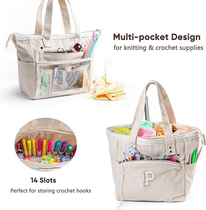 Initial Personalized Crochet Tote - Corduroy Yarn Storage Holder - Organizer for Hooks, Accessories - Project Knitting Bag - Crochet Lover Gift