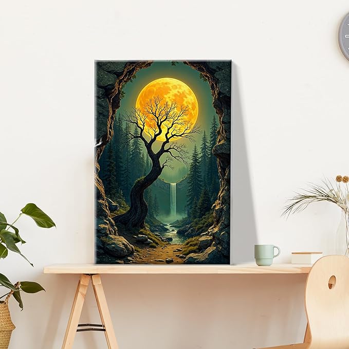 JOOZ Paint by Numbers Kit for Adults with Frame Moon Paint by Number with Easel Tree Adult Paint by Number Kits Framed Canvas Mountain Waterfall Oil Painting Kits for Gift Home Wall Decor 8x12 Inch
