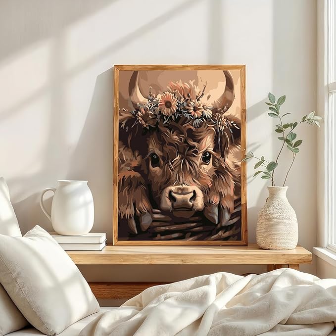 Mosaflare Paint by Numbers for Adults Beginner, Highland Cow Adult Paint by Number Kits on Canvas, DIY Acrylic Oil Easy Painting by Numbers for Home Wall Decor 12X16 inch (Without Frame)