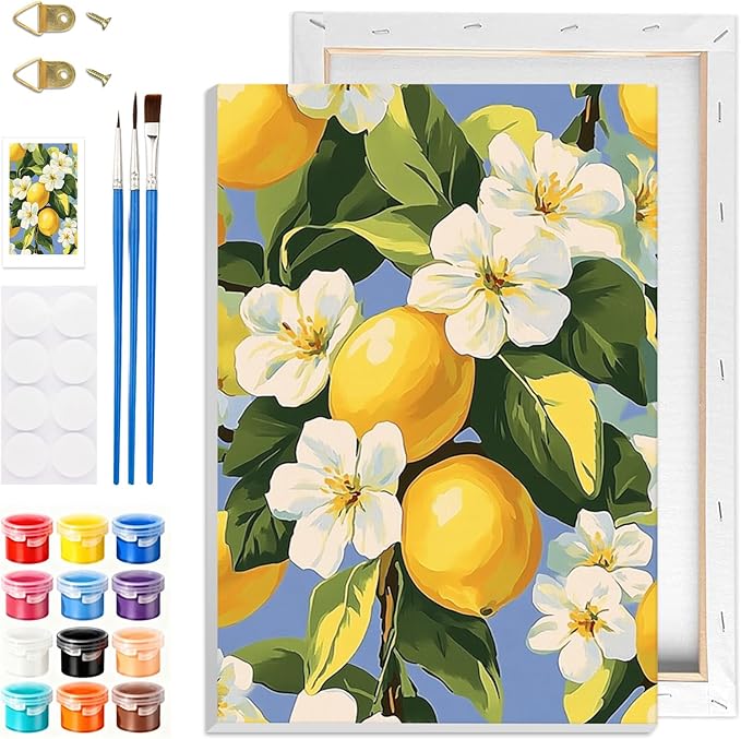 GHHKUD Lemon Paint by Numbers Kits with Frame for Adults Beginners, DIY Summer Flower Paint by Numbers for Kids, Painting Art on Canvas Gifts Home Wall Decor 20x30cm