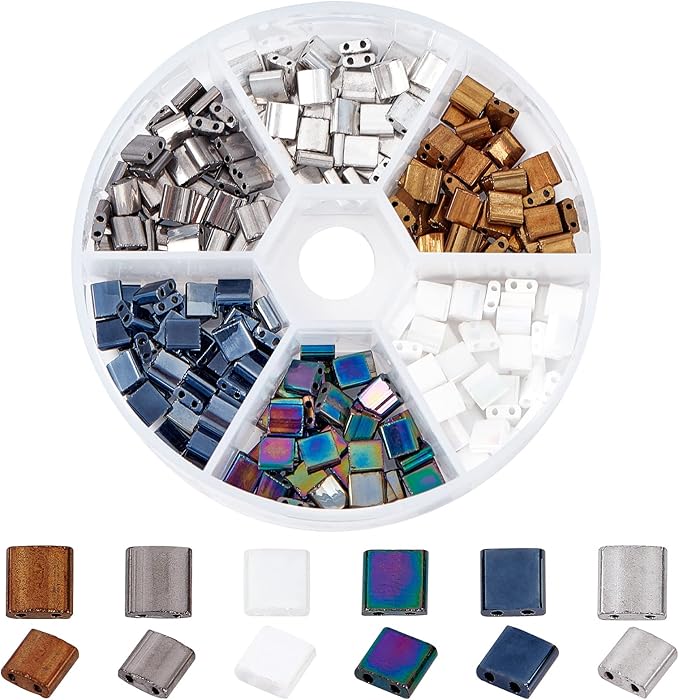 NBEADS 240 Pcs 6 Colors 2-Hole Beads, 5 * 5mm Glass Square Electroplate Seed Beads Pony Japanese for Jewelry Design Necklace Bracelet Earring Making