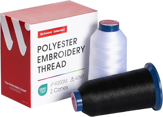 Poolin Embroidery Thread, Huge Spool Richword Selected 2 Rolls 4000M(4374Y) 40WT Polyester Thread for All Embroidery Machines(White+Black)