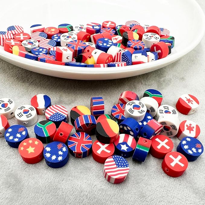Flag Handmade Polymer Clay Beads, 100pcs Polymer Clay Spacer Beads for Women Jewelry Making DIY Charms Bracelet Necklace Hair Clip Accessories Handmade Craft