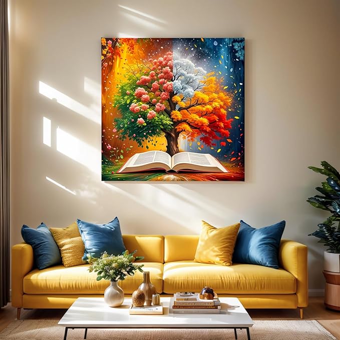 PINFFSHU 5D Diamond Painting Kit for Adults Tree of Life with Magic Seasons & Sacred Book Full Drill Art, DIY Sparkling Gem Dots Spiritual Wall Decor 13.78x13.78 Inches Gift for Spiritual Art Lovers