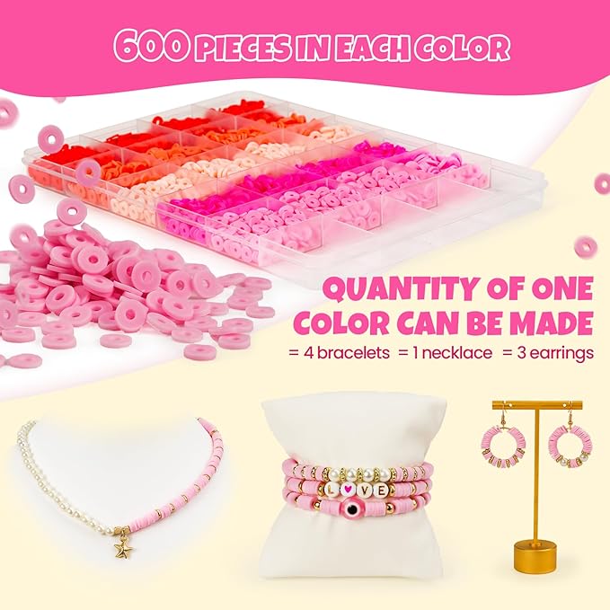 gionlion 25000 pcs clay beads bracelet making kit abundant single color heishi beads, 7 boxes polymer beads for bracelets jewelry making kit with charms, diy arts and crafts gifts