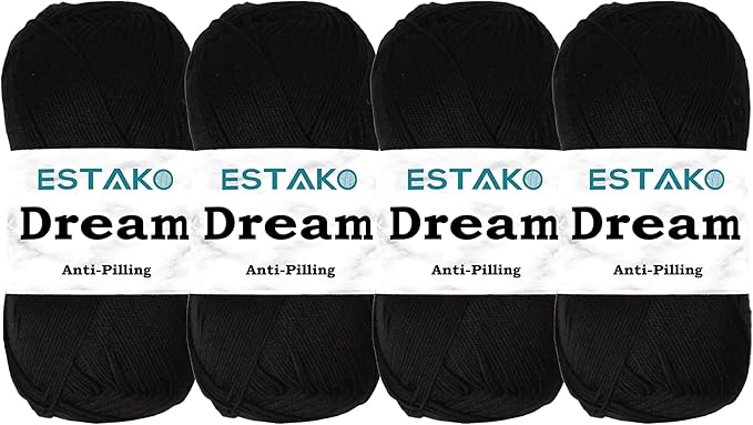 Estako Dream, (4 Skeins Pack) 100% Microfiber Acrylic Yarn, Soft, Super Fino/Fingering Weight (1) for Crochet and Knitting (4 x 3.5 Oz) / (4 x 382 Yrds) (70978 - Black)