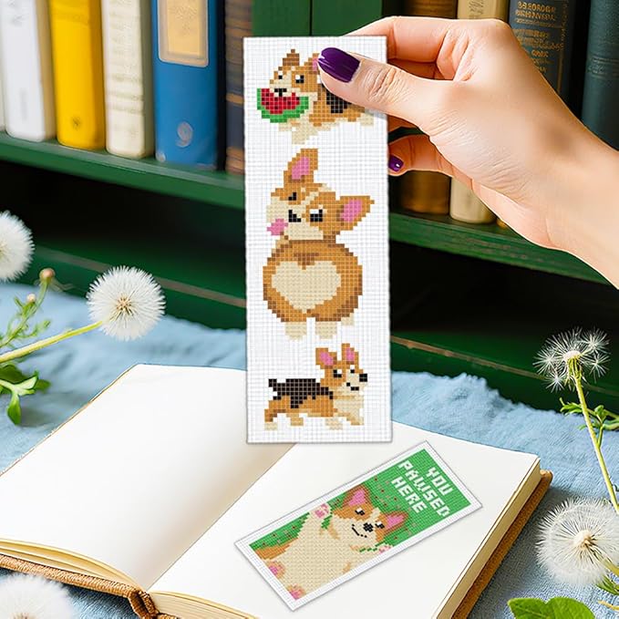 ORIGACH 6 Set Cute Dog & Book Cross Stitch Bookmark Kit for Beginner with Backing Felt Floss Instructions DIY Stamped Embroidery Bookmark Kit for Adults, Book Lovers