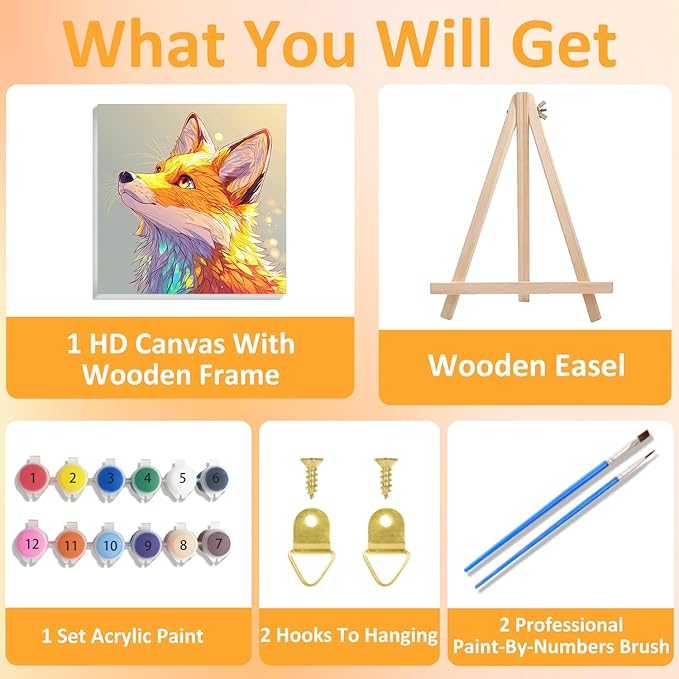 Fox Paint by Numbers Kit for Kids with Frame, Fox Paint by Numbers for Kids Ages 4-8-12, DIY Bird Acrylic Oil Painting for Home Wall Art Decor Gift 7.8x7.8 inch (with Frame Easel)