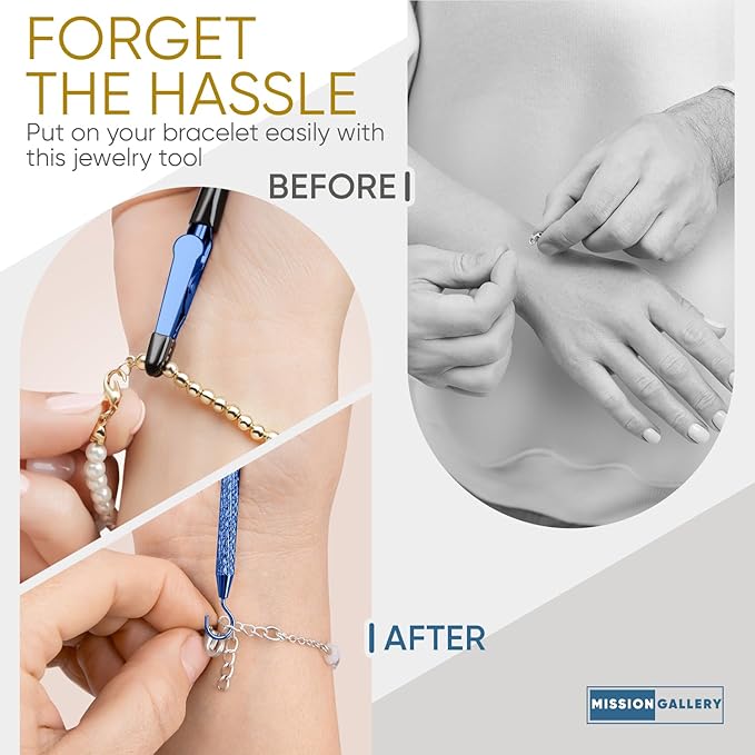 Bracelet Helper Tool with Hook - Fastener Helper Tool for Bracelet, Necklace, Jewelry, Watch - Clip, Clasp Helper - Portable, Easy-to-Use, Made of Metal - Blue