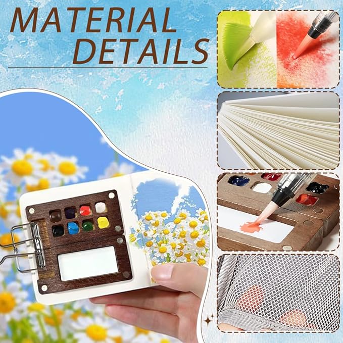 Watercolor Paint Set with Storage Bag Mini Watercolor Paint Kit for Travel Pocket Watercolor Set with 12 Colors Watercolor Painting Art Supplies with Easy Clean Wood palette Unique Creative Gift for Teens,Adults