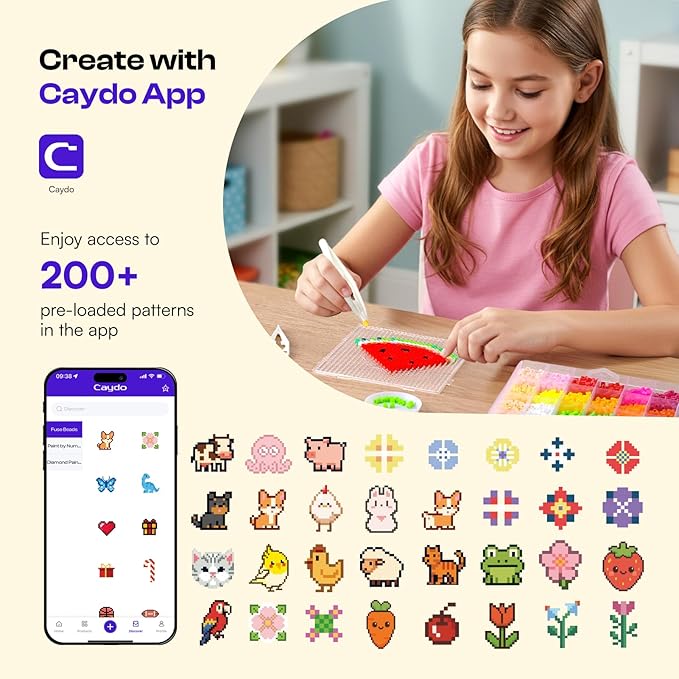 caydo fuse beads iron kit with design app & 200+ patterns for beginners, 10500pcs 36 colors 5mm iron beads for kids kit, customizable melting bead kit for 5-12 girls diy craft gift