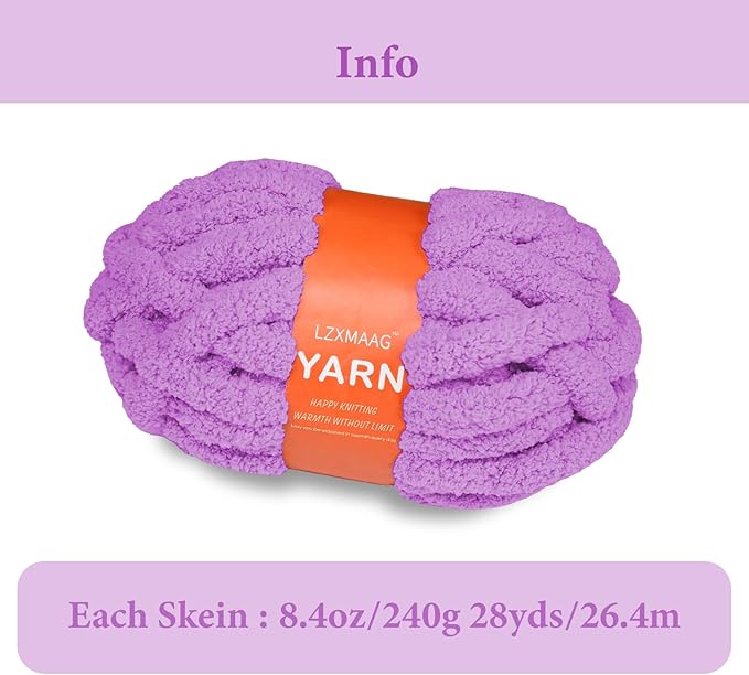 Chunky Yarn for Hand Knitting and Blankets – Super Soft Jumbo Chenille Yarn Pack for Crocheting, Bulky DIY Projects, 8 Skeins(Purple)