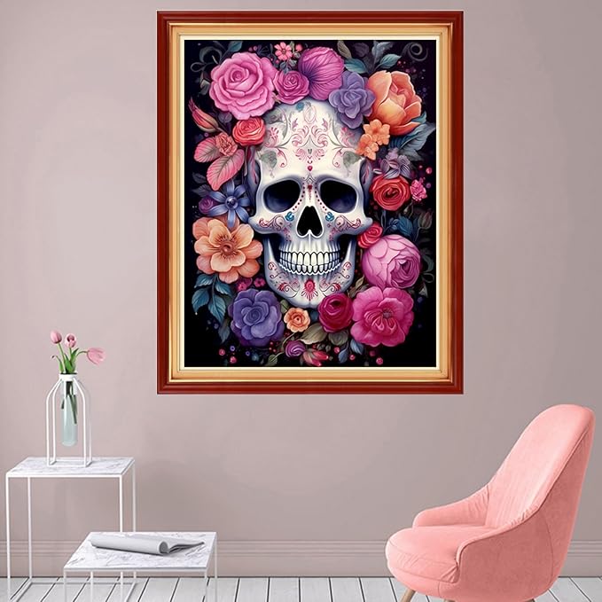 foxhool stamped cross stitch kits,11ct printed cross stitch pattern full embroidery kits for beginner needlepoint kits-flower skeleton 16x20 inch