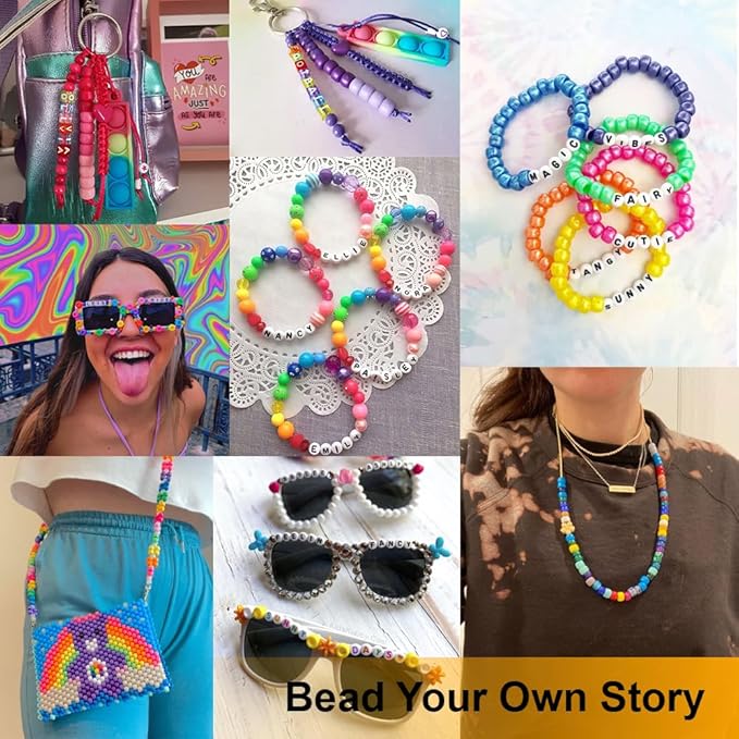 4000+Pcs Pony Beads Bulk, 6*9mm| Friendship Bracelet Making Kit with Assorted Color Plastic Beads in 2 Storage Boxes with 20m Crystal, 30m Elastic String, 3X Braided Ropes & Scissor| Ideal for Jewelry