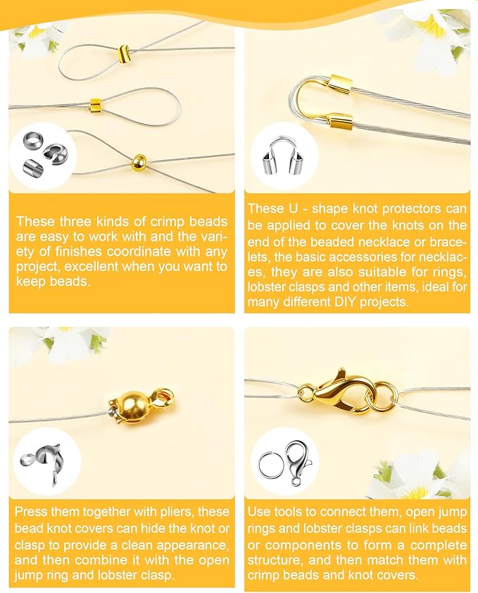 1950 Pcs Jewelry Making Cord End Kit,Crimp Tube Beads with Organizer Box,Includes Crimp Beads, Cover, Lobster Clasp,Jump Ring,Wire Guardians,Crimping Pliers & Beading Wire for Bracelets Necklace